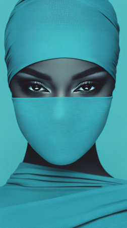 A person with captivating blue eyes gazes forward, their lower face concealed by a soft fabric in a chilly setting. Warm atmosphere suggests a crisp weather scene.の素材