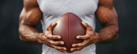 A muscular athlete stands indoors, gripping a football in both hands, showing strength and focus, ready for practice or a game. The gym environment suggests dedication to fitness.の素材
