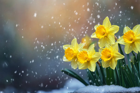 Daffodils with bright yellow petals and vibrant centers bloom under light rainfall. Their delicate form is enhanced by water droplets, showing natures beauty in the spring season.の素材