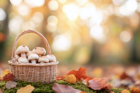 A woven basket filled with freshly picked mushrooms rests on a bed of moss. The background features a forest with golden autumn leaves and soft, diffused sunlight streaming through the trees.の素材