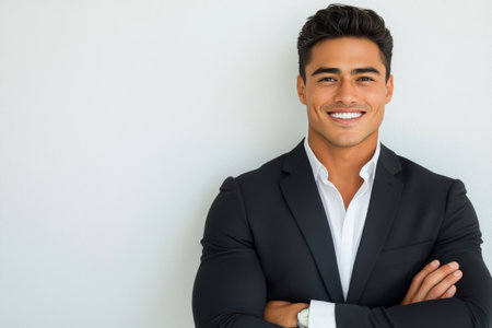 A young man dressed in a dark suit and white shirt smiles confidently with his arms crossed. He stands against a light, plain background, exuding professionalism and positivity.の素材