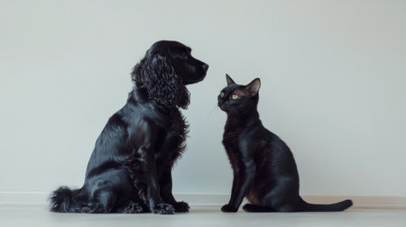 A black dog and a black cat face each other in a quiet indoor setting, highlighting their companionship. The soft light creates a calming atmosphere as they interact.の素材