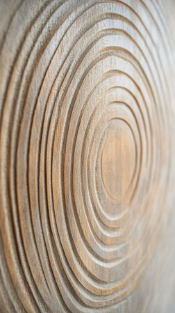 A close up view reveals a beautifully crafted circular wooden piece featuring concentric rings and a rustic finish. The wood showcases natural grain patterns adding to its charm.の素材