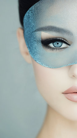 A person with captivating blue eyes gazes forward, their lower face concealed by a soft fabric in a chilly setting. Warm atmosphere suggests a crisp weather scene.の素材