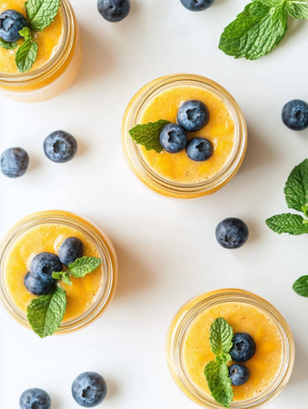 Jars filled with creamy mango and blueberry dessert are arranged on a white surface. Fresh mint leaves and blueberries surround the jars, creating an appealing dessert display.の素材