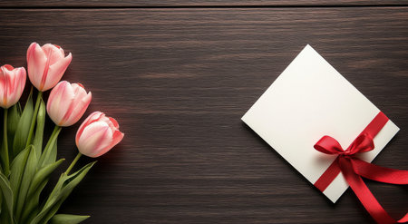 Fresh pink tulips lay beside a white gift box tied with a red ribbon on a dark wooden surface, creating an elegant and inviting atmosphere perfect for celebrations or special occasions.の素材