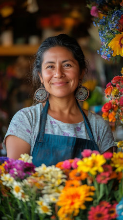 A woman stands in a colorful flower shop, surrounded by a variety of blooming flowers. She wears a big smile, reflecting her joy in selling natures beauty to customers.の素材