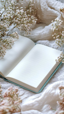 A blank notebook lies on a white surface, surrounded by delicate pink cherry blossom petals and fresh blooms, creating a serene spring atmosphere perfect for writing or reflection.の素材
