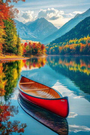 A bright red canoe floats peacefully on a calm lake reflecting the vibrant colors of autumn trees and surrounding mountains during the early morning hours. The scenery exudes tranquility.の素材