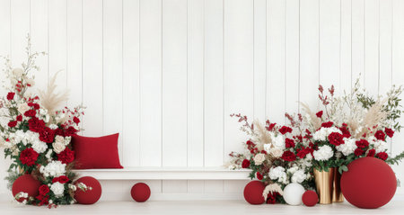 A beautifully arranged display features red and white flowers besides decorative elements in gold and white. The setting is bright and inviting, perfect for a festive gathering or event.の素材