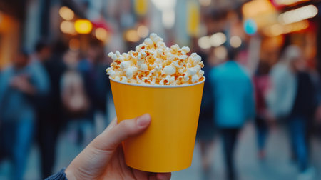 A person holds a yellow container filled with popcorn amid a bustling outdoor market during the autumn season. The lively atmosphere includes people strolling and enjoying the day.の素材