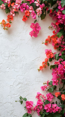 Vibrant bougainvillea flowers in shades of pink and red cascade down a white wall, creating a striking contrast. The arrangement adds a serene and colorful touch to the outdoor ambiance.の素材