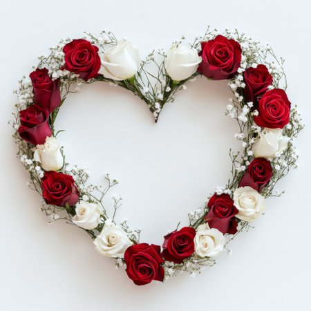A heart shaped display crafted from red and white roses, surrounded by small white flowers.の素材