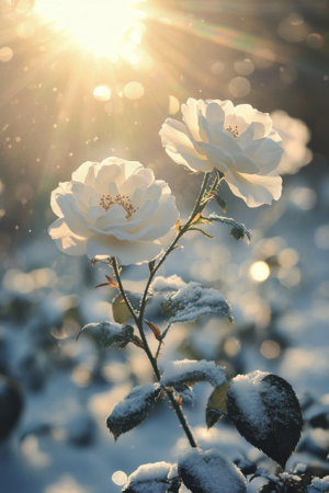 Two delicate white roses emerge from a snow covered garden, illuminated by gentle morning light. The scene radiates tranquility and beauty, showing natures resilience in winter.の素材