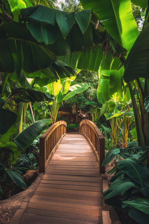 A serene wooden bridge is nestled among towering tropical plants, creating a peaceful atmosphere. Sunlight filters through the leaves, enhancing the lush landscape.の素材