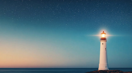 A lighthouse stands tall on rocky shores, casting a bright beam across the ocean. The twilight sky is filled with stars, creating a serene and magical atmosphere. Boats navigate safely.の素材