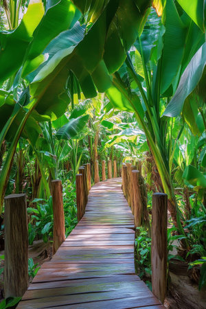 A serene wooden bridge is nestled among towering tropical plants, creating a peaceful atmosphere. Sunlight filters through the leaves, enhancing the lush landscape.の素材