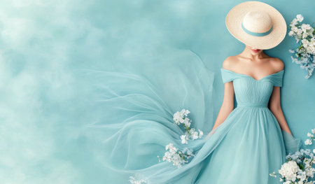 A woman wearing a flowing blue dress and a straw hat twirls elegantly over calm water. The sunlight casts a soft glow, enhancing the tranquility of the picturesque moment around her.の素材