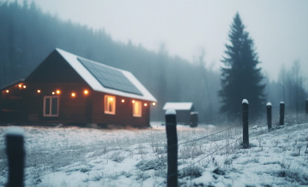 A cozy wooden cabin covered in snow stands in a serene winter forest. Solar panels adorn the roof, showcasing eco friendly energy use in this tranquil snowy landscape.の素材