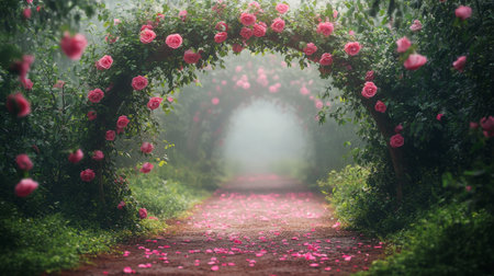 A serene pathway lined with two flower covered arches creates a peaceful escape. Rose petals scatter on the ground while morning mist envelops the enchanting garden, inviting visitors to explore.の素材