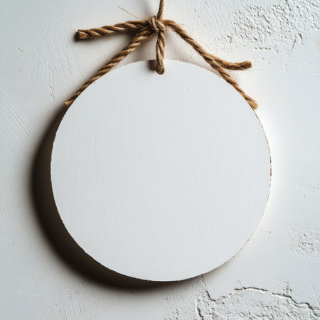 A circular, blank sign is suspended from a rope against a textured white wall. Ideal for personalizing with messages or designs, it is simple yet versatile for various settings.の素材
