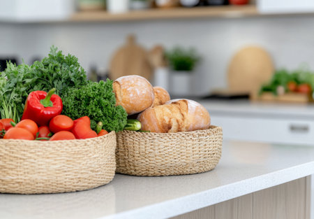 Two woven baskets sit on a clean kitchen counter, filled with fresh bread, ripe cherry tomatoes, and green lettuce. Natural light illuminates the inviting scene, showcasing wholesome ingredients.の素材