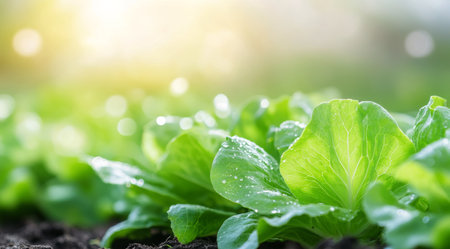 Lettuce plants thrive in rich soil under bright sunlight, showing vibrant green leaves. The garden setting highlights the nourishing environment for healthy growth.の素材