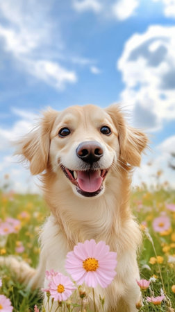 A golden retriever smiles widely while sitting among colorful flowers. The bright sun and blue sky create a cheerful atmosphere, showcasing a beautiful day in nature.の素材
