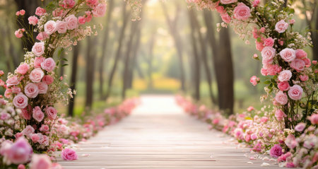 A tranquil pathway is adorned with vibrant pink roses on either side, inviting visitors into a lush garden filled with greenery. Sunlight casts a warm glow on the scenic view, enhancing the beauty.の素材