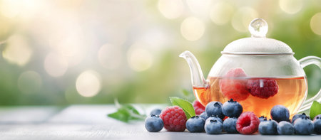 A glass teapot filled with tea and fresh blueberries sits on a wooden surface outdoors. Raspberries and mint leaves surround the teapot, with soft sunlight creating a warm, inviting atmosphere.の素材