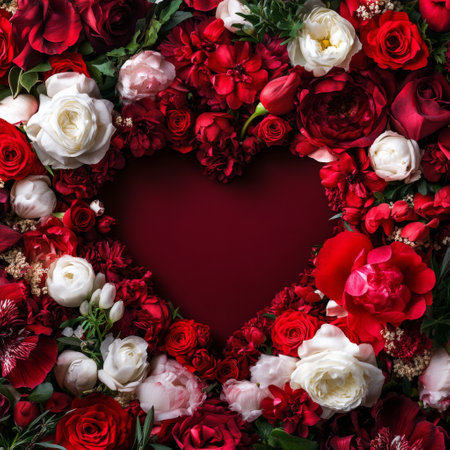 A beautiful heart shape is created using an array of red and white roses, surrounded by delicate flowers. The arrangement exudes romance and elegance, perfect for celebrations.の素材