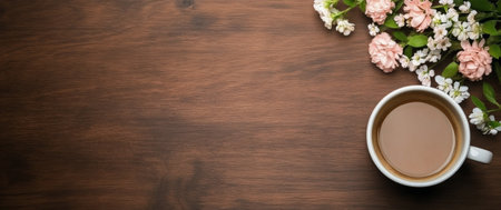 A warm cup of coffee sits beside a bouquet of fresh pink and white flowers on a rustic wooden table, creating a tranquil atmosphere perfect for morning relaxation.の素材