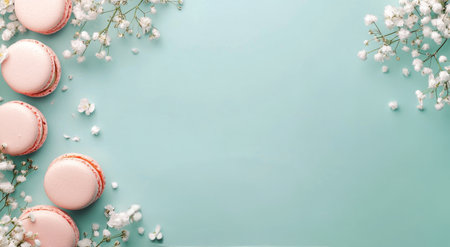Soft pink macarons are surrounded by white flowers and petals on a light blue surface, creating a serene and elegant arrangement perfect for a springtime gathering or dessert display.の素材