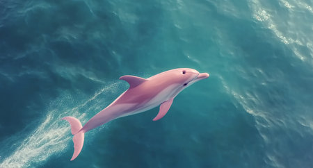 A dolphin jumps out of the water, showing its agility and grace. The tranquil blue water background enhances the beauty of this lively marine creature in its natural habitat.の素材