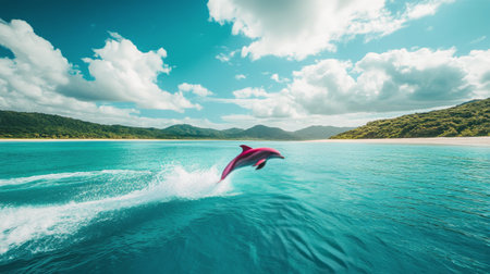 A playful dolphin springs out of the turquoise ocean, showcasing its vibrant pink color against a backdrop of lush green palms and distant mountains under a blue sky.の素材