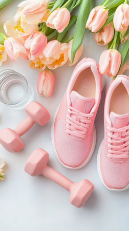 A vibrant arrangement features fresh pink tulips in a clear vase alongside matching pink sports shoes and a water bottle. The background is softly blurred, creating a lively atmosphere.の素材