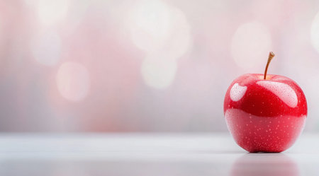A glossy red apple sits on a light surface against a soft gray backdrop. The apple features a small green leaf and is illuminated to enhance its vibrant color.の素材