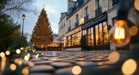 Festive lights illuminate a picturesque cobblestone street lined with charming buildings. Spruce trees and wreaths enhance the seasonal atmosphere as twilight casts a warm glow.の素材