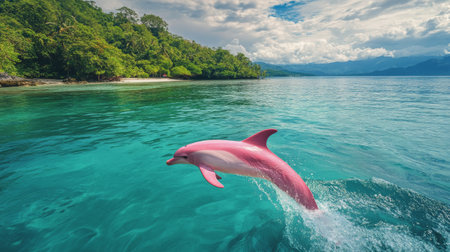 A playful dolphin springs out of the turquoise ocean, showcasing its vibrant pink color against a backdrop of lush green palms and distant mountains under a blue sky.の素材