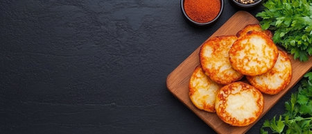 Golden brown potato pancakes are arranged on a wooden board alongside bowls of spices and fresh herbs. The vibrant colors create an appetizing display, perfect for a meal or snack.の素材