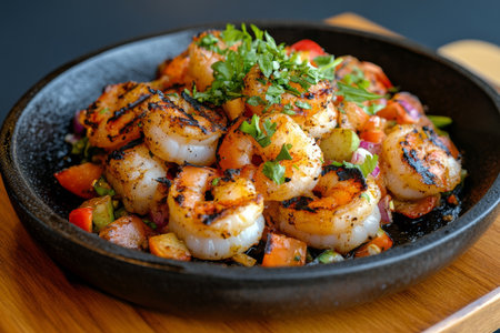 Grilled shrimp seasoned with herbs are arranged on a mound of white rice alongside colorful sliced peppers and garnished with fresh herbs. This dish reflects a flavorful culinary experience.の素材