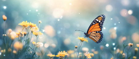A vibrant butterfly with orange wings perched on bright yellow flowers, surrounded by lush greenery in a tranquil garden at twilight. Soft sunlight filters through.の素材