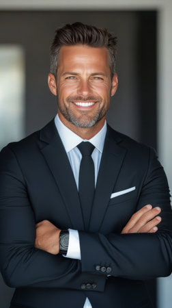 A well dressed man stands with his arms crossed, showing a warm smile. He wears a black suit and tie, exuding professionalism and confidence with a neutral gray background.の素材