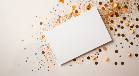 A blank white card is placed at the center, surrounded by shiny golden confetti on a light backdrop. This arrangement creates a festive atmosphere ideal for invitations or announcements.の素材