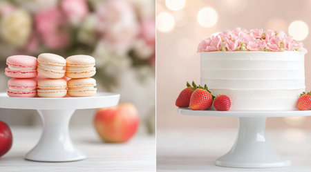 A dessert table features a white cake adorned with flowers and strawberries, surrounded by pink macarons, alongside a red apple, all set against a backdrop of cherry blossoms.の素材