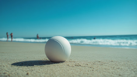 A white tennis ball sits on the sandy beach, casting a shadow as waves break nearby. People can be seen enjoying the sun and water in the background on a clear, blue sky day.の素材