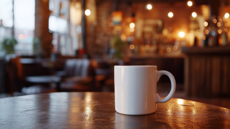 A white coffee cup rests on a rustic wooden table, inviting relaxation amid a cozy cafe with warm lighting and comfortable seating. The ambiance suggests a peaceful retreat for patrons.の素材