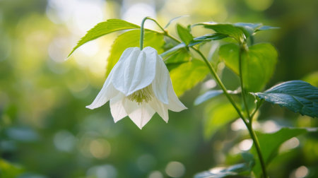 A white flower hangs gracefully among vibrant green leaves in a forest setting, illuminated by soft sunlight filtering through the canopy, creating a serene atmosphere.の素材