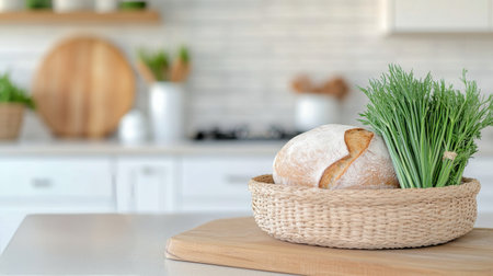 Freshly baked bread rests on a wooden board next to vibrant green herbs in a cozy kitchen. Natural light highlights the inviting atmosphere, creating a warm and welcoming space.の素材