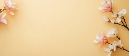 Delicate magnolia flowers are displayed against a bright yellow background, creating a cheerful and refreshing atmosphere. The flowers showcase soft pink and white petals, adding charm.の素材